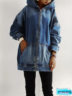 Denim Long Sleeve Plain Denim Jacket Diy Denim Jacket, Denim Jacket Winter, Diy Denim, Denim Hoodie, Hooded Denim Jacket, Long Sleeve Outerwear, Jacket Denim, Denim Diy, Denim Jackets