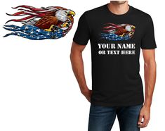 This Item includes: - 1) T-Shirt - Printed Name or Text - Eagle Printed Design We offer FREE Shipping at $35 This shirt is printed with a high quality Direct to Garment (DTG) printer which means you will have a long lasting and vibrant t-shirt after many washes. -------------------------- T-SHIRT FEATURES -------------------------- We only print on the highest quality t-shirts available such as Bella Canvas, District, Haynes, Cotton Heritage, etc. Please leave a message in the "Note to Seller" s Eagle American Flag, Eagle American, Eagle Print, Custom Printed Shirts, Sports Shirt, High Quality T Shirts, Personalized T Shirts, Printed Design, Sports Shirts