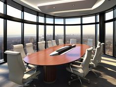 a conference table in an office overlooking the city