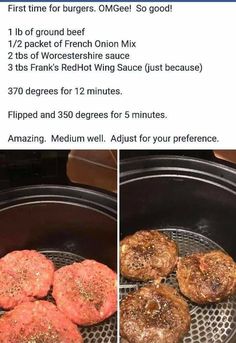 hamburgers cooking in an air fryer with instructions for how to cook them on the grill