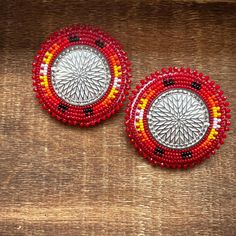 Native American made flat-stitch beadwork, size 11 cut beads, Large 2.25 x 2.25 stud earrings, backed with white buckskin Pow Wow, Earrings Red, American Made, Jewelry Earrings Studs, Bead Work, Native American, Berlin, Jewelry Earrings, Stud Earrings