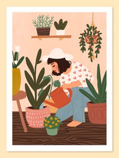 a woman is sitting on the floor in front of potted plants and holding a watering can