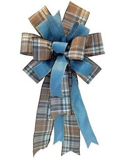 a blue and brown plaid bow on a white background