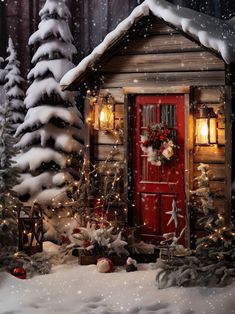 a christmas scene with a red door and snow covered trees