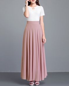 * A high-end maxi skirt with wide hem, very cool. * Made of quality pearl chiffon, very smooth and comfortable. * Fixed waist with invisible zipper. * Can custom make waist size and skirt length. * Material: 100 % polyester * Size: True to US size, US 0-US 20 are available, you can let us know your usual size and height in your order. * Shipping: Free shipping Processing time : 5-7 Business days Delivery time : 7-20 Business days Tracking number available If you need rush order or expedited ship Spring Formal Floor-length Skirt, Elegant Flowy Maxi Skirt In Solid Color, Elegant Solid Color Flowy Maxi Skirt, Spring Long Maxi Skirt, Feminine Long Maxi Skirt For Evening, Feminine Flared Maxi Skirt For Evening, Feminine Evening Flared Maxi Skirt, Feminine Evening Long Maxi Skirt, Feminine Formal Relaxed Maxi Skirt