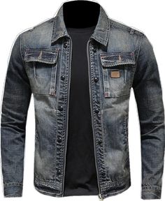 Winter Denim Jacket With Zipper Closure In Medium Wash, Winter Medium Wash Denim Jacket With Zipper Closure, Winter Outerwear With Zipper Closure In Medium Wash, Denim Blue Outerwear With Zipper Closure, Washed Long Sleeve Denim Jacket For Outdoor, Casual Denim Outerwear With Button Zip Fly, Casual Denim Jacket With Button Zip Fly, Denim Blue Cotton Denim Jacket With Zipper, Men Spring