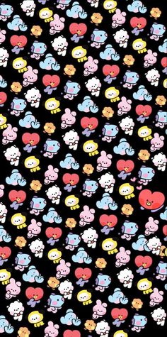 an image of many different cartoon animals on a black background with red, blue, yellow and pink hearts