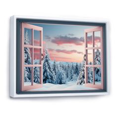 an open window with the view of snowy trees outside at sunset or dawn in winter