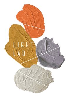 three different shades of paint with the words light lab on them in white and orange