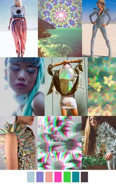 a collage of photos with different colors and patterns on them, including an image of a woman