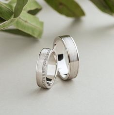 two white gold wedding bands with channeled diamonds set in the middle, resting on a plant