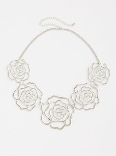 A mid-weight statement necklace features rose charms for a romantic look. Lobster clasp. 19” length with 5” extender. Base metals. Imported. The best plus size women's silver roses statement necklace necklaces in silver. Torrid is your destination for cozy fall and winter clothes to keep you warm and comfortable. Silver Metal Necklace With Rose Design, Silver Rose Design Necklace, Silver Rose Design Metal Necklace, Fitted Wedding Dress, Romantic Look, Shopping Day, Winter Clothes, Cozy Fall, Silver Roses