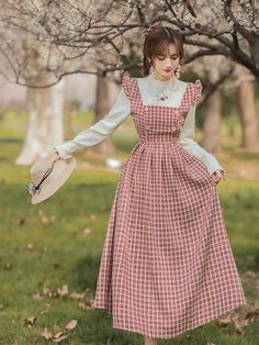 ❤Retro girly check suspender dress❤︎ White Long Sleeves, Reference Pics, Dress Layer, Cottagecore Outfits, Cottagecore Fashion, Cottagecore Dress, Checkered Dress, White Long Sleeve Top, Modest Clothing