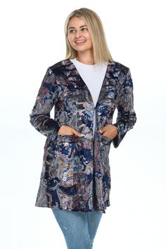 Indulge in chic sophistication with our Women's Navy Blue Silver Stretch Velvet Cardigan. Its princess silhouette, delicate hook and eye closure, and pockets add a luxurious touch to any outfit. Made from 90% Polyester and 10% Spandex with a trim of 1 small hook and eye for ultimate comfort. Transform your wardrobe with this versatile piece that can be styled with jeans, evening attire, and even beachwear. Elegant Open Front Outerwear With Pockets, Blue Long Sleeve Formal Cardigan, Blue Long Sleeve Cardigan For Formal Occasions, Elegant Blue Formal Cardigan, Elegant Blue Open Front Outerwear, Elegant Fitted Outerwear With Paisley Print, Elegant Fitted Paisley Print Outerwear, Velvet Cardigan, Princess Silhouette