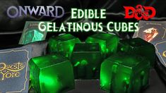 several green dices with the words onward edible gelatinous cubes