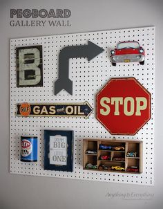 a pegboard with various signs and magnets on it, including a stop sign