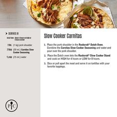 the menu for slow cooker carnitas is shown