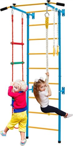 This kid's indoor jungle gym will turn your home into a playground. This 5-in-1 Swedish ladder wall set is designed with a wall ladder, pull-up bar, rope ladder, rope, and gymnastic rings, providing tons of activities and endless fun for children. Made of powder-coated carbon steel pipes, the home gym playground is not only stable and durable, but also rust-resistant for long-time use. The bottom is thoughtfully designed with foot pads to protect your floor from scratching. What's more, the padd Climbing Toys For Toddlers, Swedish Ladder, Toddler Climbing Toys, Indoor Jungle Gym, Wall Ladder, Gymnastic Rings, Toddler Climbing, Playground Set, Kids Indoor Playground