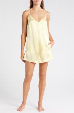 This effortless silk romper is thermoregulating, breathable and the secret to a great night's sleep; best part—it can go in the washing machine. 34" length; 3" inseam; 38" leg opening (size Medium) V-neck Sleeveless 100% silk Machine wash, dry flat Imported Sleep Romper, Silk Romper, Silk Pajama, Pajama Romper, Silk Pajamas, Great Night, Sleepwear Women, Washing Machine, The Secret