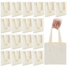 a hand holding a white shopping bag in front of several images of the same bag