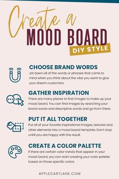 a poster with the words how to create a mood board diystyle on it