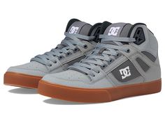 DC Pure High-Top WC - Men's Skate Shoes : Grey/White/Grey : Bring clean, classic skate style to your everyday with the DC Pure High-Top WC skateboard shoes! Skate shoes in a high-top silhouette. Leather, nubuck, suede, or canvas upper with premium textile quarter. Foam padded tongue and collar for added comfort and support. Mesh lining for breathable wear. Wrap cupsole construction for long-lasting durability. Abrasion-resistant sticky rubber outsole. Outsole features DC's trademarked Pill pattern tread. Imported. Measurements: Weight: 1 lb Product measurements were taken using size 11.5, width D - Medium. Please note that measurements may vary by size. Dc Pure, American Logo, Shoes Skate, Mens Skate Shoes, Skate Style, Skateboard Shoes, Shoes Grey, Skate Shoes, Product Reviews