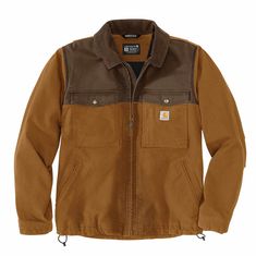 the carhart jacket in tan and brown is available for men's clothing, including jackets