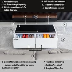 the contents of a coffee table with instructions on how to put them in each compartment