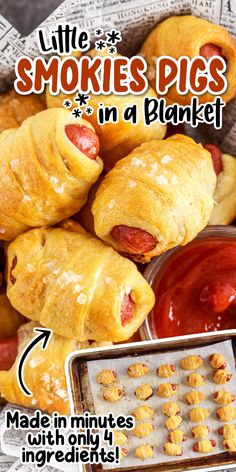 a basket filled with pigs in a blanket next to some ketchup