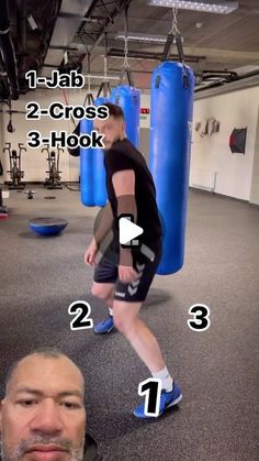 a man standing in front of a punching bag with the words 1 - jab 2 - cross 3 - hook