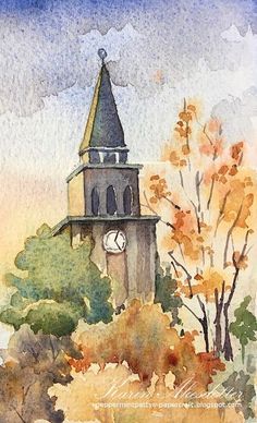 a watercolor painting of a clock tower