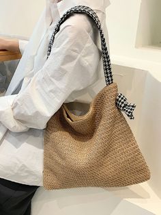 Houndstooth Pattern Straw Bag  - Women Shoulder Bags Vacation Bag, Women Shoulder Bag, Brown Pattern, Linen Material, Houndstooth Pattern, Save The Planet, Olivia Mark, Shoulder Bag Women, Straw Bag