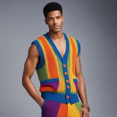 a man wearing a multicolored vest and matching shorts is posing for the camera