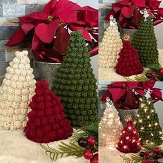 crocheted christmas trees with poinsettis in buckets