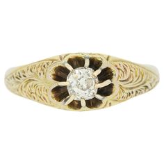 This is a victorian 15ct yellow gold diamond gypsy ring. The shoulders of the ring feature a lovely hand-crafted pattern which leads up to the claw set old mine cut diamond. We love the slight tarnish on the ring as we believe it adds to the patina, if you would like us to professionally clean and polish the ring we would be happy to do so. Condition: Used (Very Good) Weight: 4.1 grams Size: Q 1/2 (58) Band Width: 8mm (at face) - 3mm (at the back of the shank) Diamond Carat Weight: Approx. 0.33 Victorian Pattern, La Face, Diamond Carat, Ring Box, Diamond Gemstone, Fashion Rings, Gold Diamond, Diamond Cuts, Patina