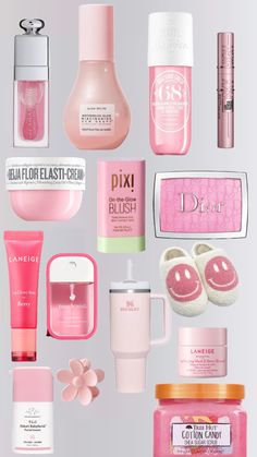 pink products are arranged on a gray background