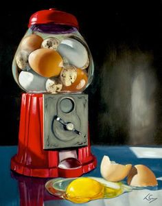 a painting of an old fashioned gummy machine with eggs on the table next to it