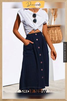 Women's Casual Solid Button Front High Waist A Line Midi Skirt Casual Buttoned Maxi Skirt For Day Out, Chic Summer Skirt With Buttoned Pockets, High Waist Buttoned Maxi Skirt For Summer, High Waist Maxi Skirt With Button Closure For Summer, Casual Maxi Skirt With Button Closure For Day Out, High Waist Skirt With Button Closure For Day Out, Summer Day Out Skirt With Buttons, Summer Workwear Skirt With Buttoned Pockets, Casual Maxi Skirt With Button Closure