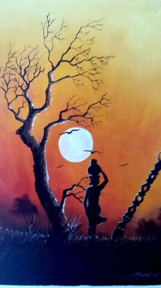 a painting of a girl standing in front of a tree with the moon behind her