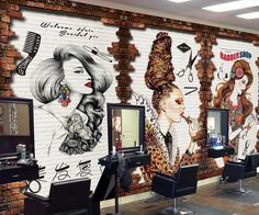 a brick wall with hair salon chairs in front of it