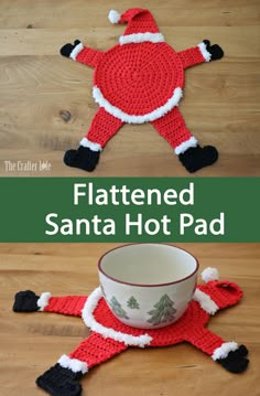 crocheted santa hot pad with coffee cup and saucer sitting on the floor