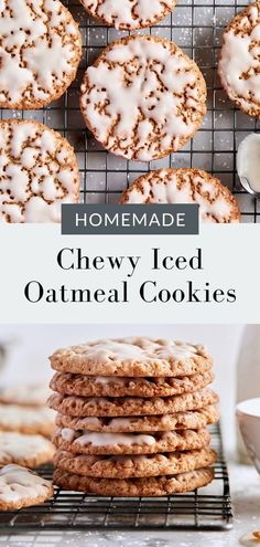 homemade chewy iced oatmeal cookies on a cooling rack