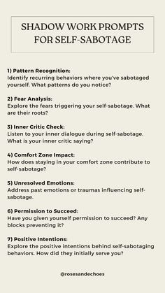 Shadow work is a powerful method of self-discovery and self-improvement that involves exploring the darker, unconscious aspects of ourselves. Here are 10 shadow work prompts specifically focused on understanding and addressing self-sabotage: #shadowwork #shadowself #shadowworkprompts #selfsabotageprompts #journalingprompts Definition Of Shadow Work, Insecurities Shadow Work, Shadow Writing Prompts, Self Development Prompts, Shadow Work For Forgiveness, Detachment Shadow Work, Self Sabotage Prompts, Identity Shadow Work, Positive Shadow Work Prompts