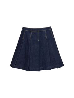 Concealed side zip closure. Model is wearing a size27 Denim Pleated Skirt, Stretch Denim Skirt, Kenzo Paris, Knife Pleats, Paris Woman, Pleated Mini Skirt, Denim Mini, Light Denim, Denim Mini Skirt