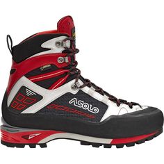 a pair of red and black hiking boots on a white background with the word alclo written below it