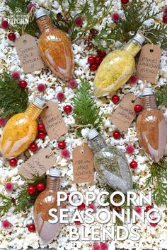 the cover of popcorn seasoning blends is surrounded by christmas decorations and small tags