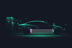 an electric car charging in the dark with neon lights on it's side and its hood up