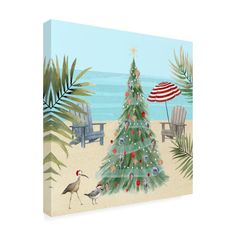 a painting of a christmas tree on the beach with chairs and an umbrella in the background