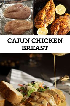 the recipe for cajun chicken breast is shown in this collage with pictures and text