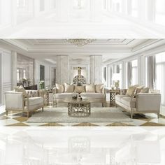 an elegant living room with white furniture and chandelier